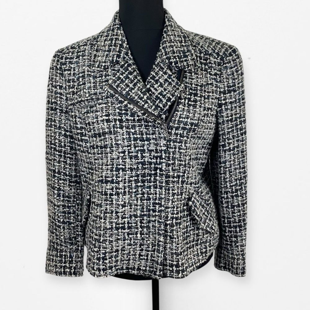 Coldwater Creek Black and White Cropped tweed Blazer jacket asymmetrical zip 12